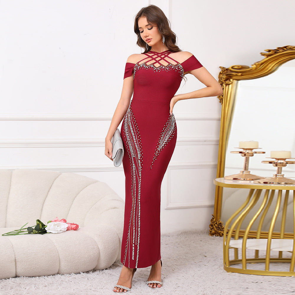 Style Backless Halter Sleeveless Fitted Beaded Embellished Bodycon Long Maxi Pencil Party Dress