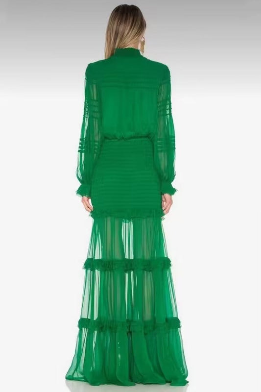 Women ruffle gown Sinclair Ruffle detail exaggerated smocked waist and floor-sweeping prom skirt party sexy dress