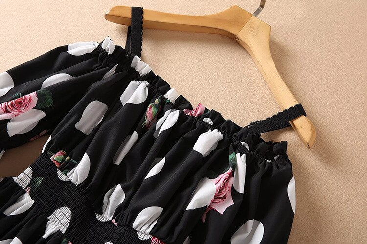 Tingfly New Spring Summer Fashion Polka Dot Print Slash Neck Party Dresses Elastic High Waist A Line Midi Long Elbise Frock