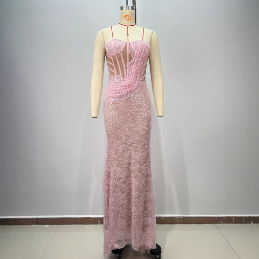 High-quality Fashion Backless One-Shoulder Tube Top Boned Design Beaded Sequined Casual Long Party Dress