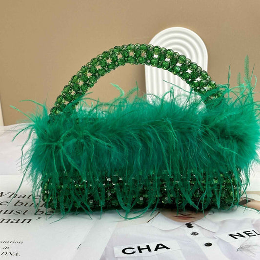 Pearl bead bag with Ostrich feather fur designer brand Clear Acrylic crystal stone box tote handbag women handmade party purse
