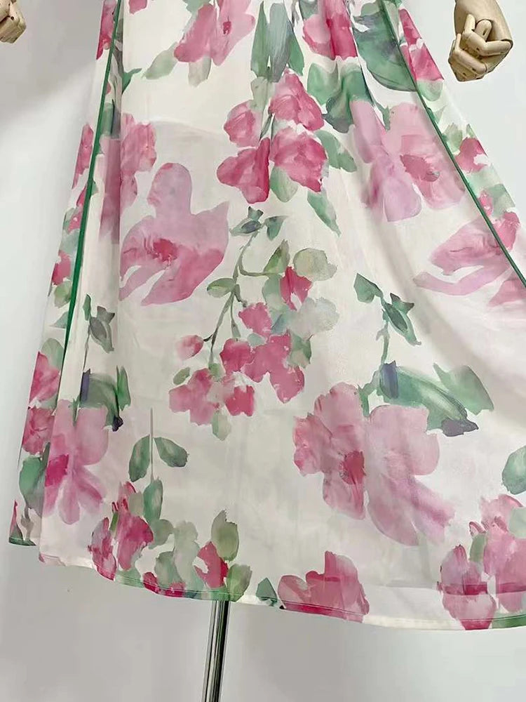 Hit Color Floral Printing Loose Casual Dress For Women V Neck Long Sleeve High Waist Split Loose Dresses Female Fashion New