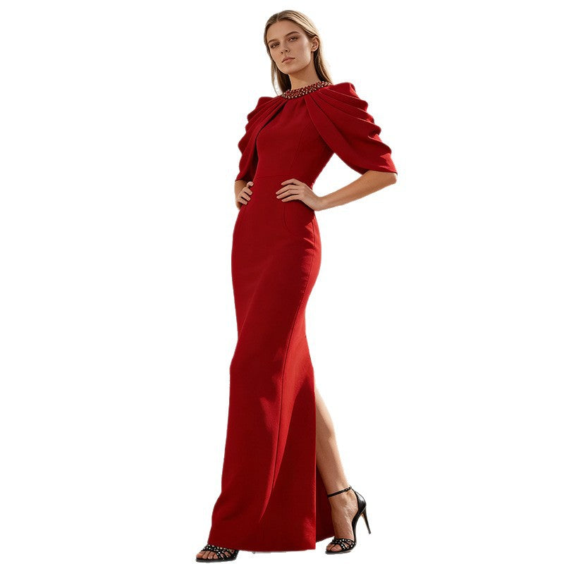 Evening Gown Long Dress with Batwing Sleeve, Shoulder Sleeve, Fitted Beaded Red Full-Length Dress