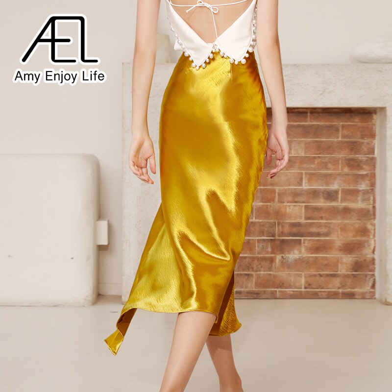 AEL Asymmetric High Split Skirt Woman Long Satin Skirt Sexy Wrap Hip Summer Femme Midiskirt High Waist Golden