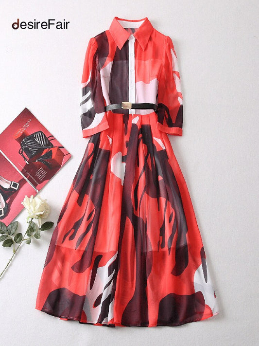 DesireFair Trendy Spring And Summer Mid-Length Women Commuter Style Single-Row Multi-Button Belt Mid-Waist Lapel Print Dresses