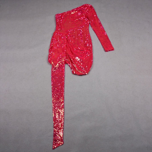 New Sequined High Waist Wrap Chest Long Skirt Temperament Elegant Small Dress Birthday Party Slanted Shoulder Tight Dress