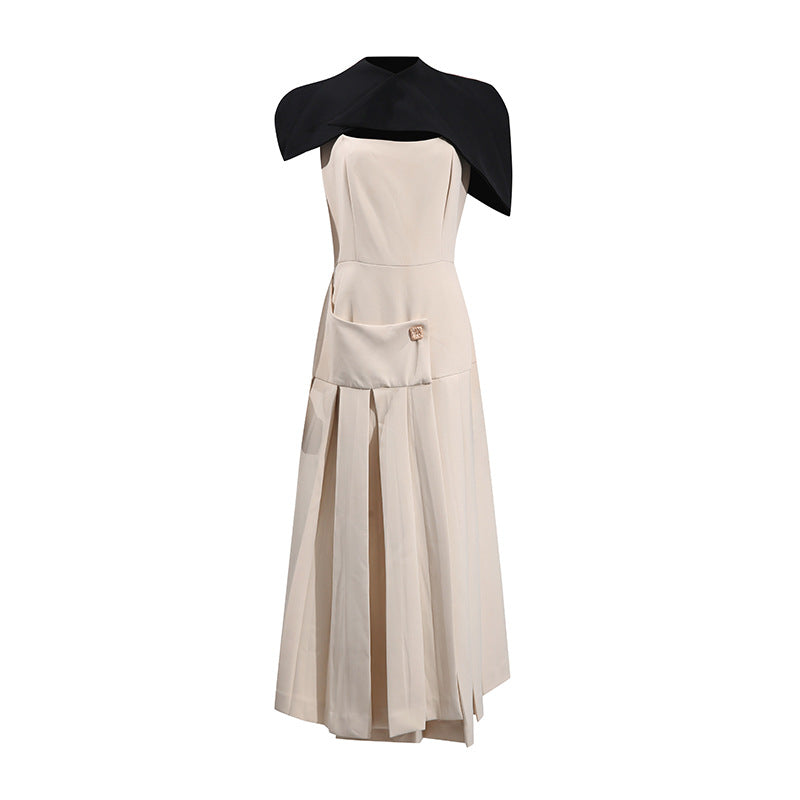 French Elegance Royal Style Long Dress Shoulder Cape Sleeveless Design Waist-Cinching Irregular Hem Women's Dress - CIANARA
