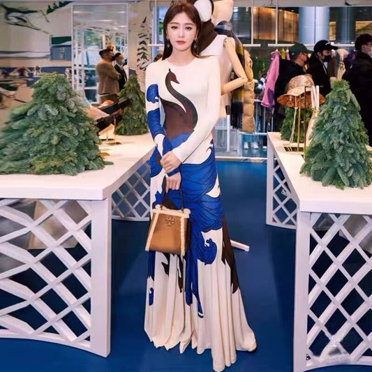 Runway Dress Women O-Neck Long Sleeve High Street Floral Printed Designer A-Line Midi Dresses Traf Clothes