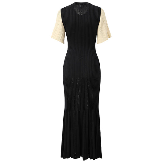 Black flared sleeve dress extra long women's knitted skirt elegant short sleeved skirt