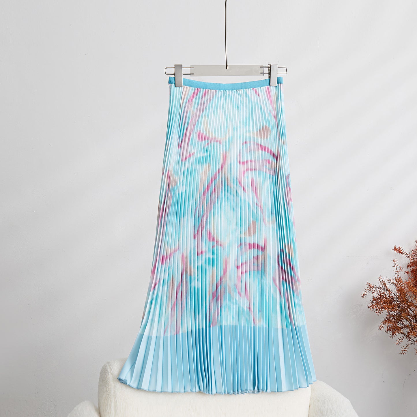 Fashion Print Pleated 2 Pieces Set Women's Round Neck Long Sleeves Slim Top High Waist Spliced Female Clothes