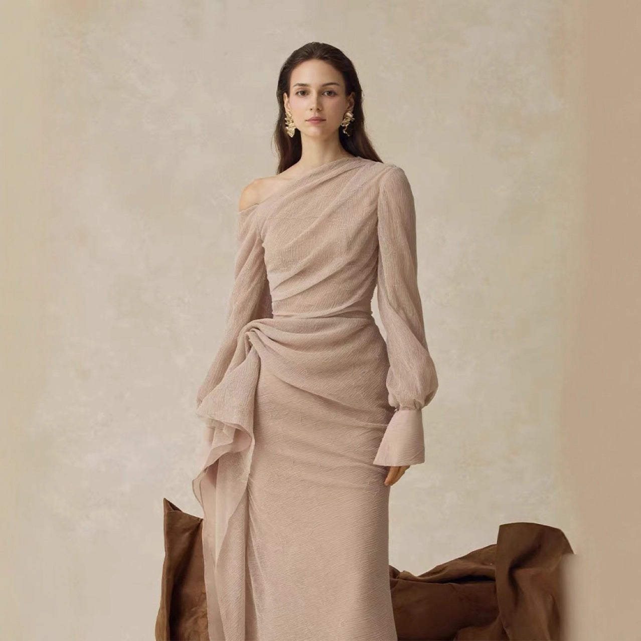 Gentle Style Pleated Long Sleeve Fitted Dress with Asymmetrical Shoulder, Elegant Designer Dress in Khaki