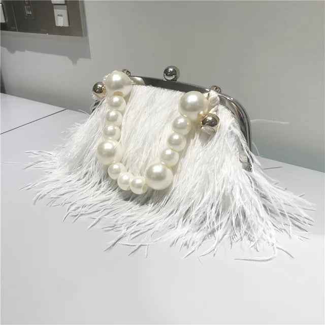 Feather Handbag Women Evening Crossbody Bag Pearl Chain Snake Chain Shoulder Bag Luxury Women Bags Design Party