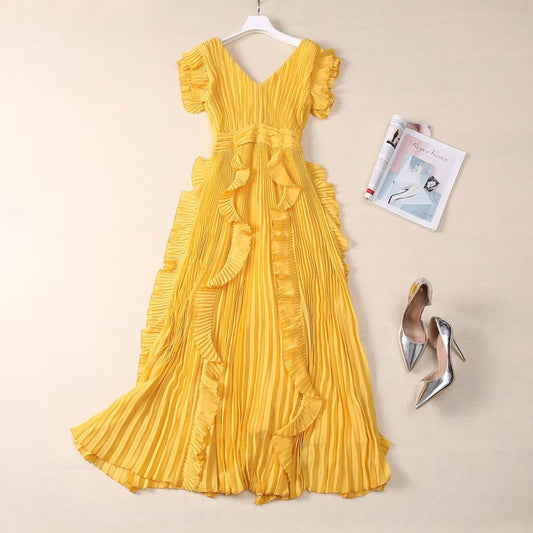 Women's V-neck Qiaoqi pleated wood ear patchwork yellow banquet dress long skirt
