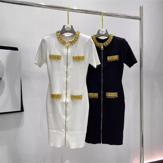 Golden nail bead sequin chain short sleeved dress for women with slim fit and goddess style