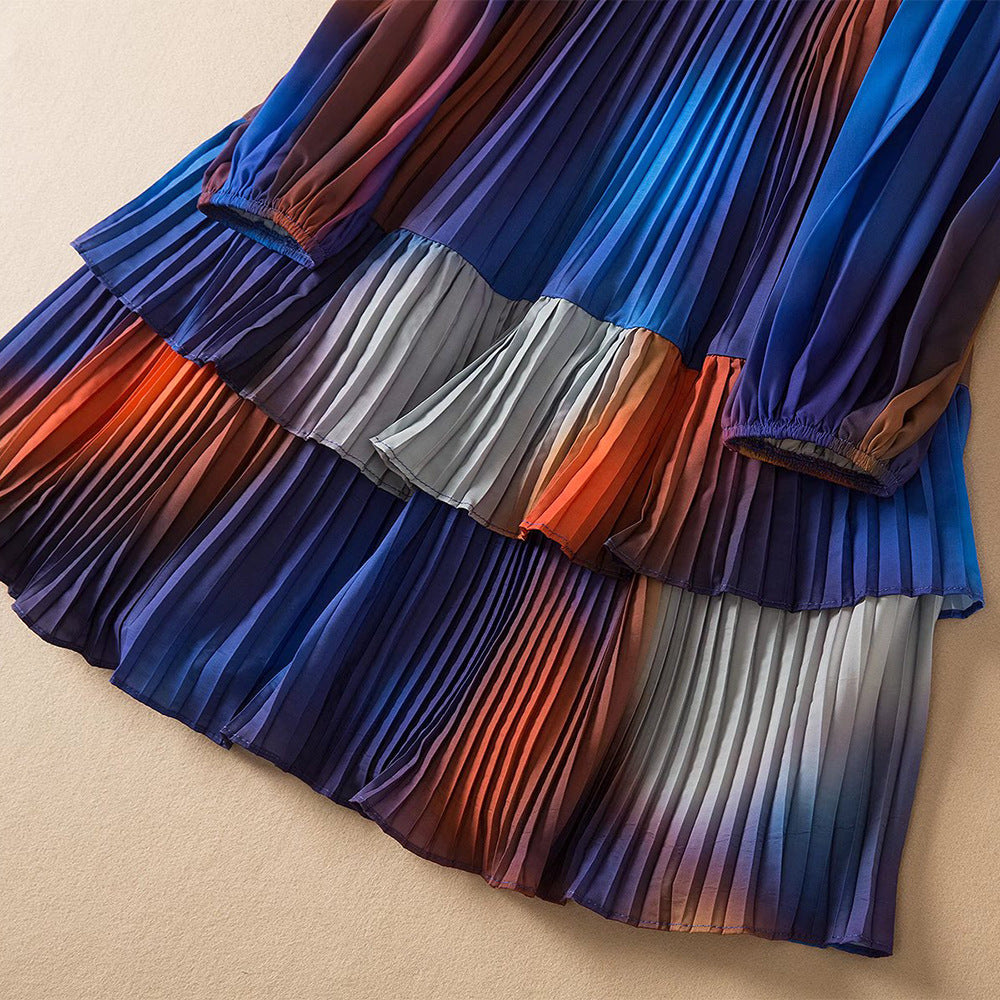 Women's Skirts V-Neck Pleated Gradient Print Long Sleeve Ruffle Dress