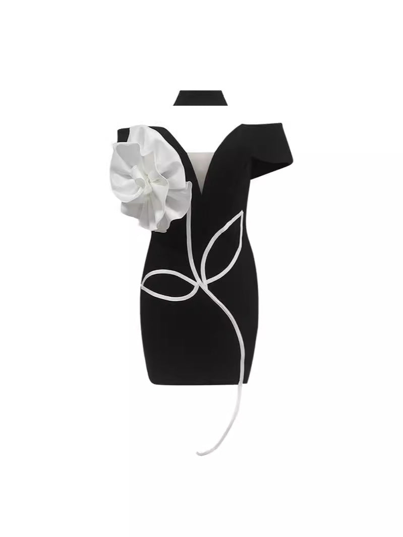Sexy Off Shoulder 3D Flower Bandage Mini Dress Women Black Bodycon Short Dresses Fashion Cocktail Party Club Lady Vestido