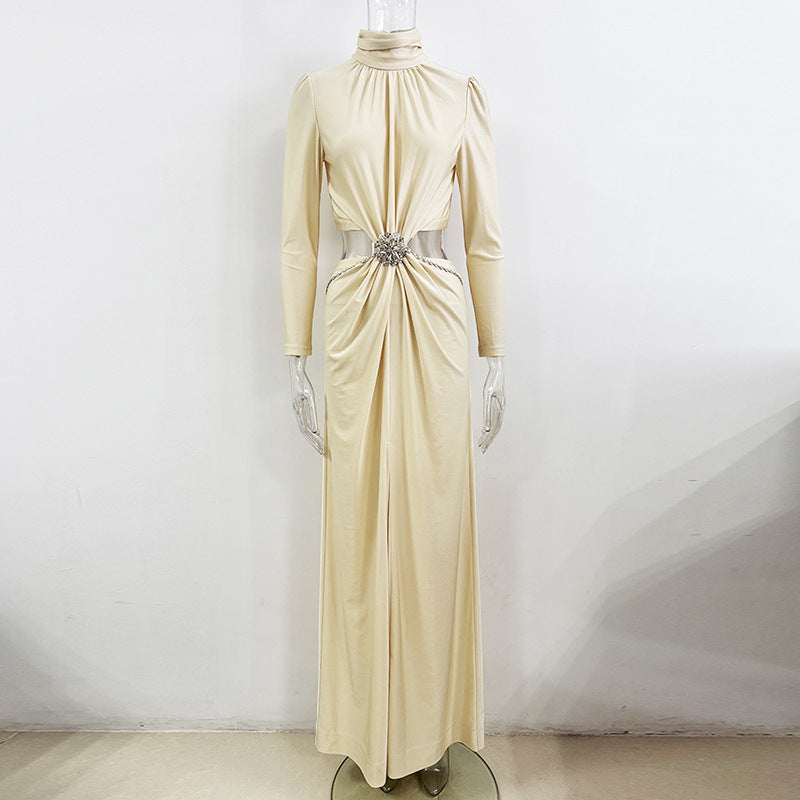 Waist hollow diamond inlaid elastic long dress