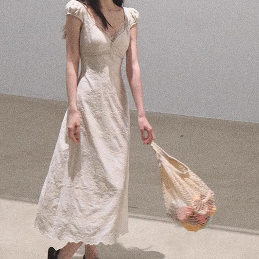Bohemian Style Cotton Hollow Embroidery Resort Tea Dress with Floral Pattern