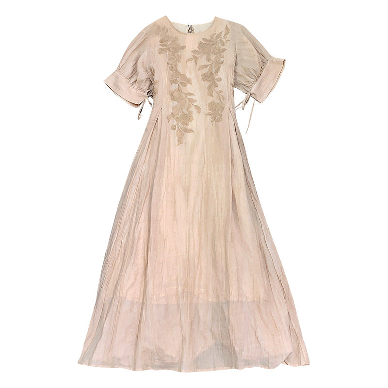 Loose Tie-Up Dress with Hand-Painted Embroidery, Linen Rayon Blend