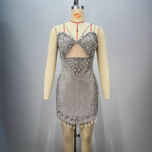 Summer Shiny Diamond Women's Sleeveless Backless Fashion V-Neck Mini Dress