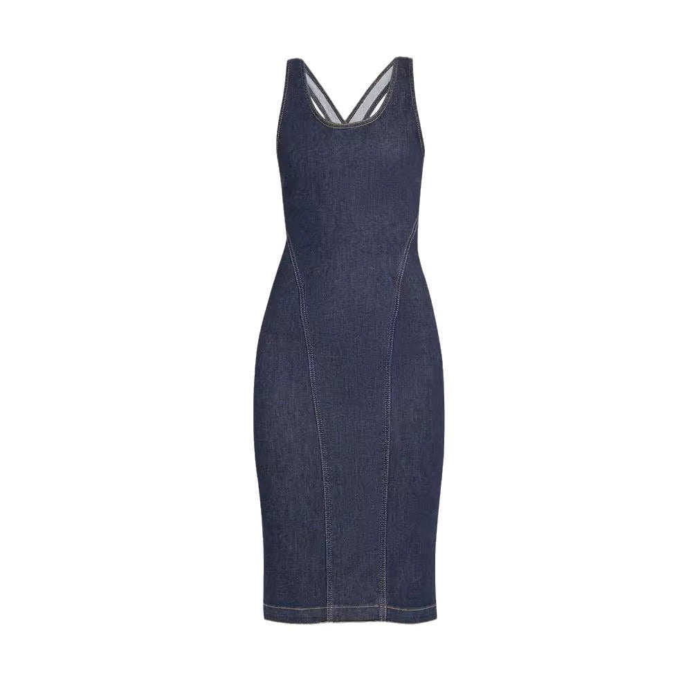 Backless slim fit denim dress for women in summer, with a sense of high-end design and spicy girl temperament skirt