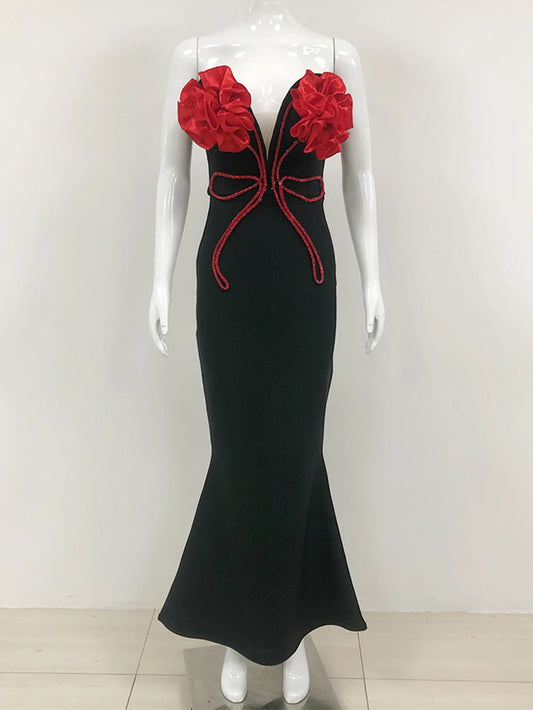 Sexy and elegant tube top long evening dress with flower chains