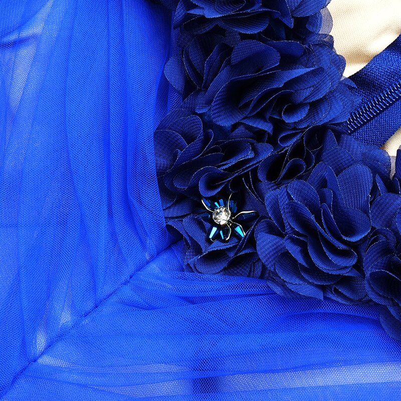Trendy Appliques Design Blue Long Dress Women Sexy Deep V Neck Celebrity Party Club Dress
