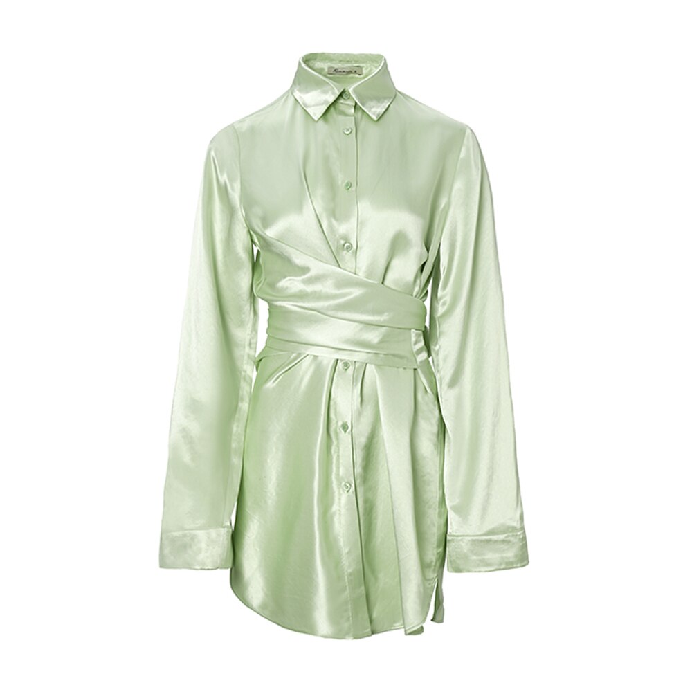 AEL Summer Satin Shirt Dress Women Lace Up Loose Streetwear Light Green Pajama Look 100% Acetate Fibre