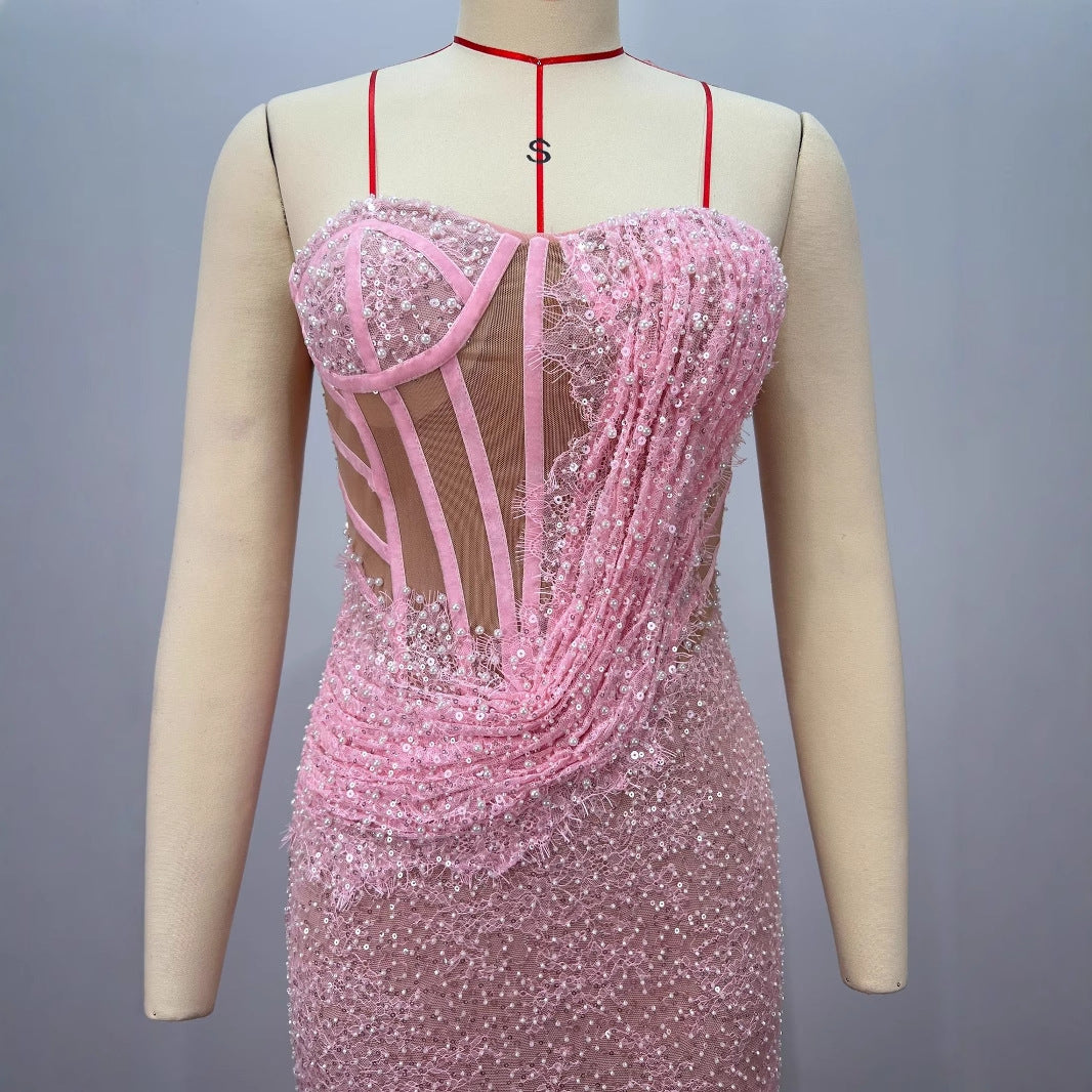 High-quality Fashion Backless One-Shoulder Tube Top Boned Design Beaded Sequined Casual Long Party Dress