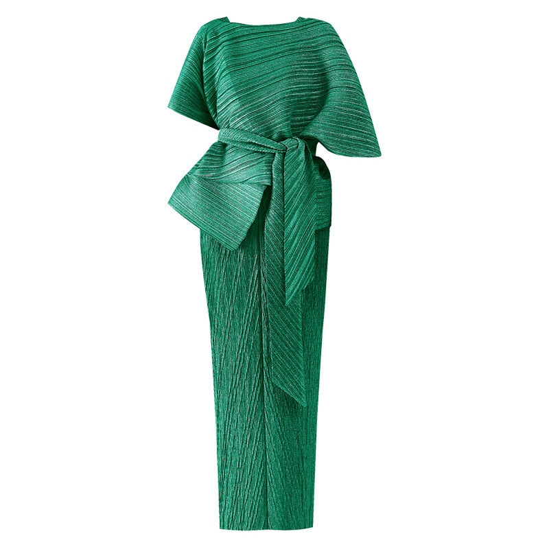 Pleated Dress Women's Two Piece Sling High Waist Lacing Elegant Ankel Length Banquet Formal New Summer Fashion