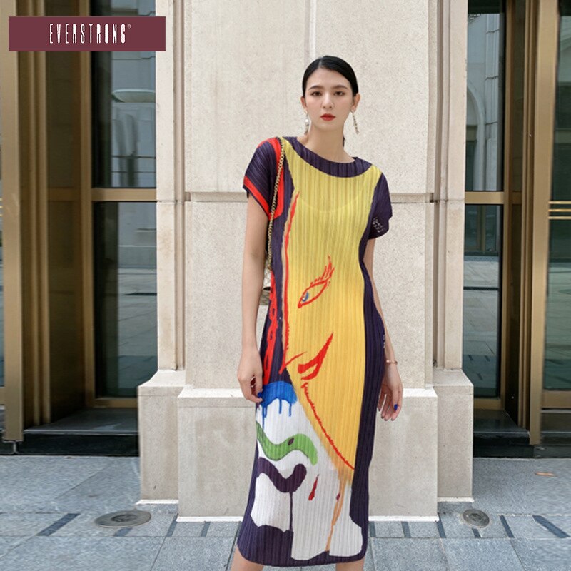 Wrinkled Summer High-Waisted Long Skirt Slimming Round Neck And Front And Back Dress