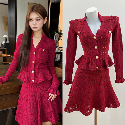 Elegant Wine Red Hollow Out Two-Piece Dress for Women