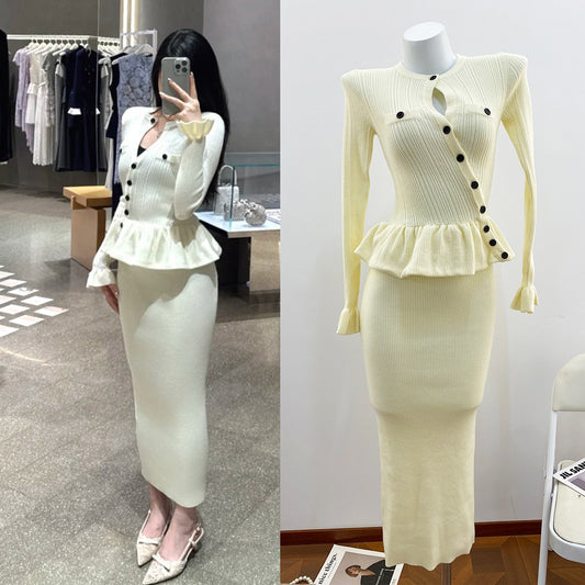 Elegant Knit Dress for Women with Ruffled Long Sleeves and Round Neck