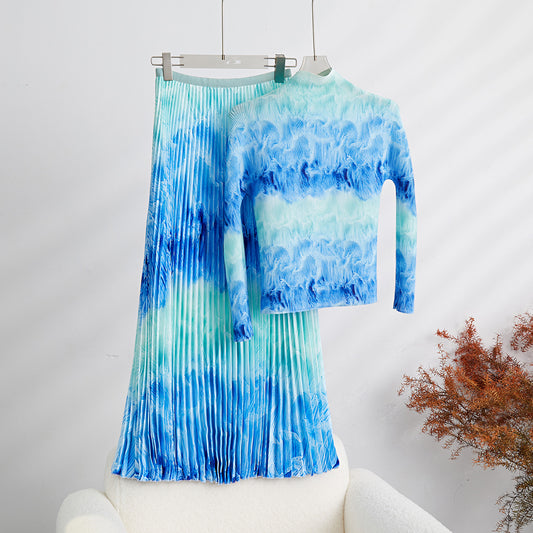 Printed Wave Pleated 2 Pieces Set Women's Turtleneck Long Sleeves Slim Tops High Wasit Fold Skirts Female