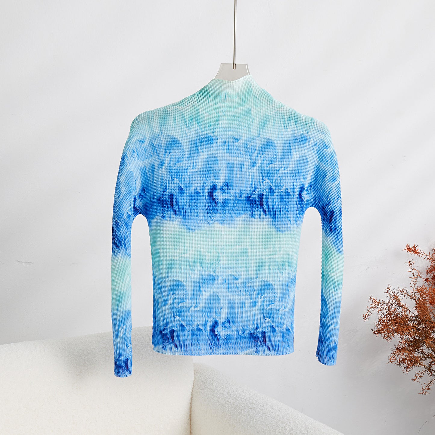 Printed Wave Pleated 2 Pieces Set Women's Turtleneck Long Sleeves Slim Tops High Wasit Fold Skirts Female