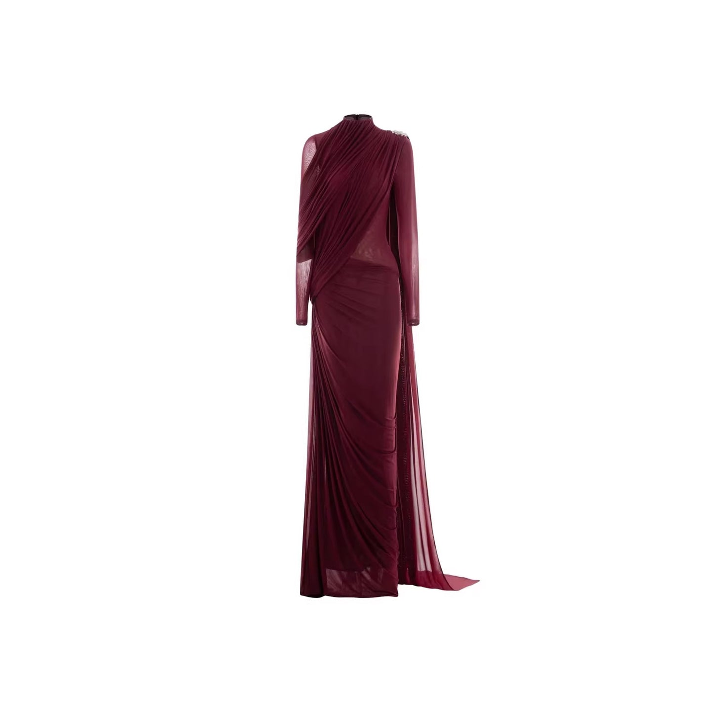 Red high neck pleated metal decorative cape dress
