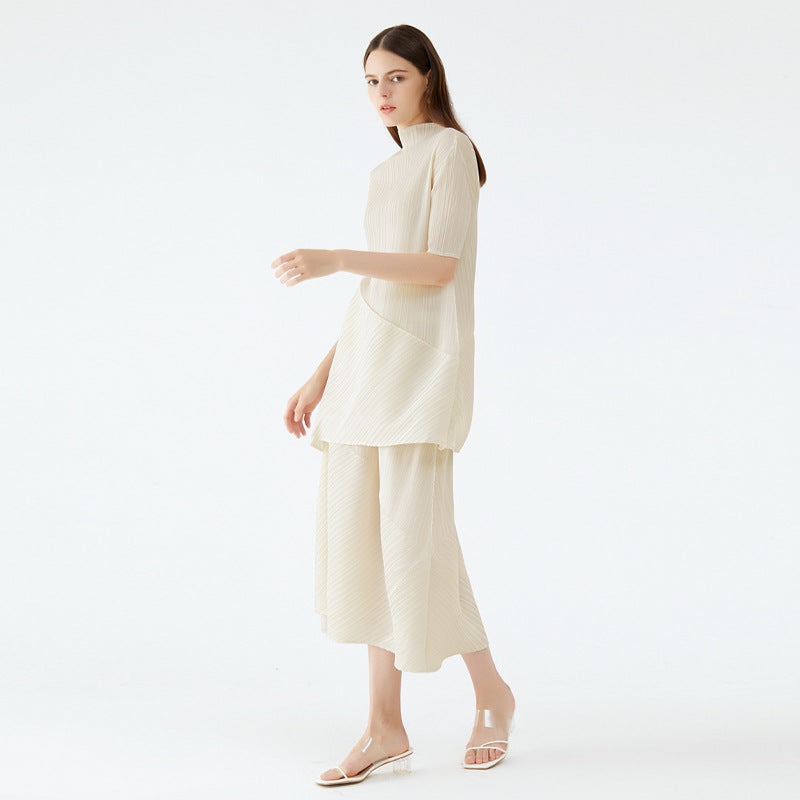 Spring new Korean style solid color pleated women's mid-length top irregular skirt clothing two-piece suit