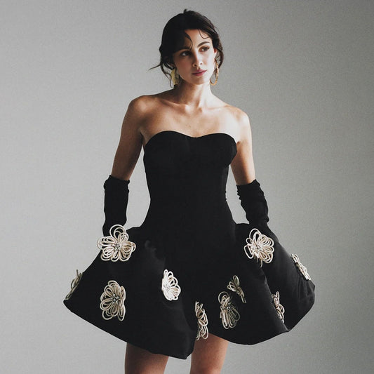 Black Color Women Sexy Strapless Florals Ball Grown Mini Bandage Dress Fashion Birthday Party Celebrate Cocktail Dress Wholesale