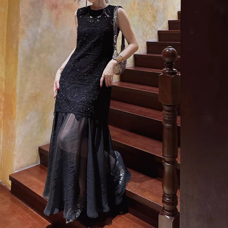 Elegant Rope Embroidery Beaded Mesh Sleeveless Dress Fashion Summer Dress