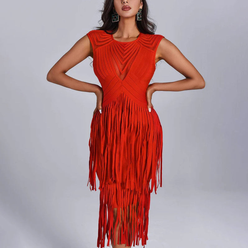 Backless fringe dress red sleeveless luxury bandage skirt hip-covering skirt