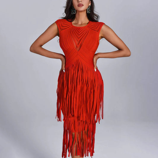 Backless fringe dress red sleeveless luxury bandage skirt hip-covering skirt