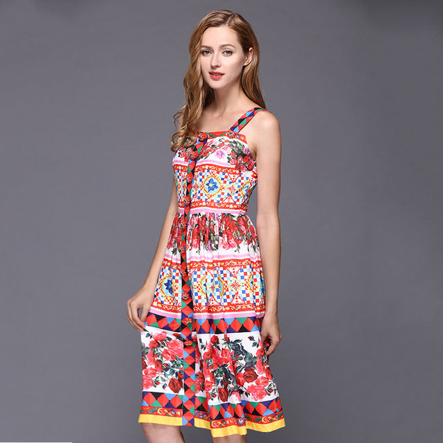 Fashion Designer Summer Dress Women's Spaghetti Strap Elegant Rose Floral Print Button Midi Dress