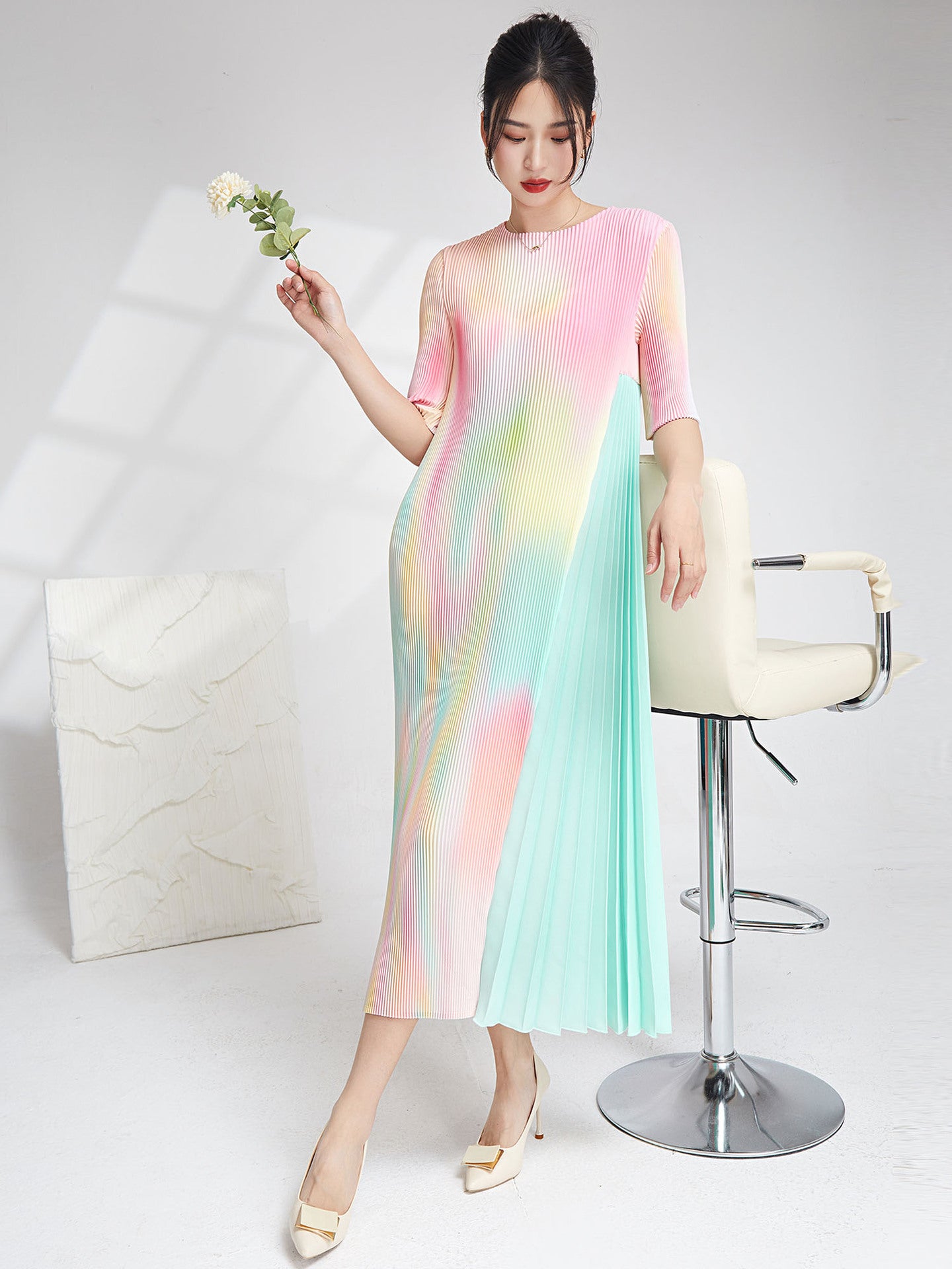 Gradient Patchwork Pleated Dress For Women O-neck Half Sleeves Irregular Dresses Female Clothes