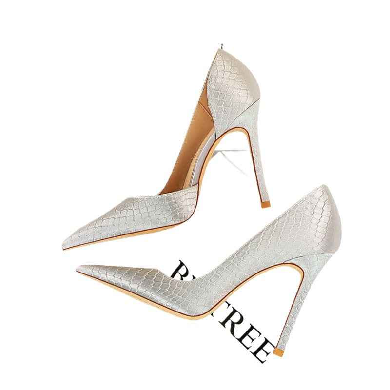 Thin heeled super high heels with shallow side hollow snake pattern silk high heels for women