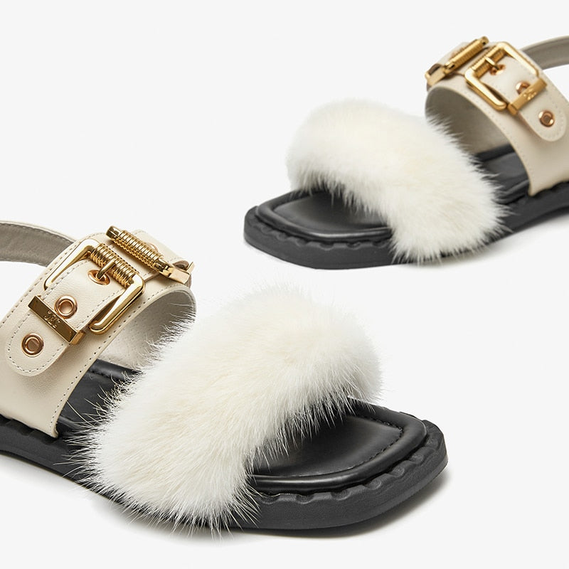 Sandals Women Cow Leather Square Toe Mink design Buckle Strap Elegant Female Flat Shoes Handmade