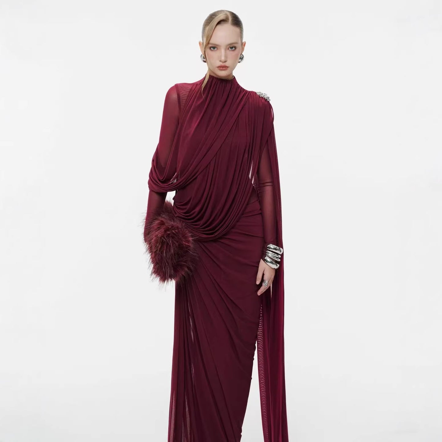 Red high neck pleated metal decorative cape dress