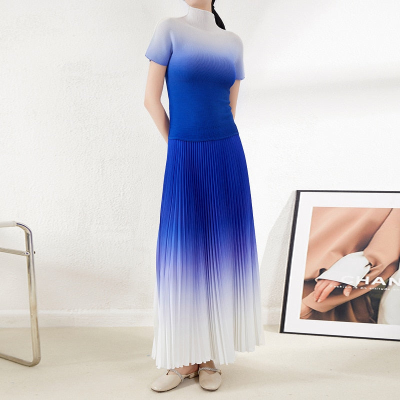 New Pleated Temperament One Size Gradient Color Super Elastic All-Match Top Skirt Waist Large Size Suit