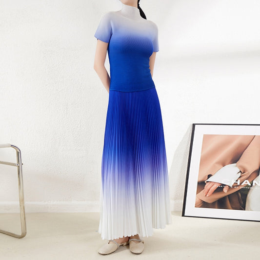 New Pleated Temperament One Size Gradient Color Super Elastic All-Match Top Skirt Waist Large Size Suit