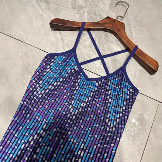Retro temperament commuting color striped patchwork camisole pleated skirt long skirt fishtail dress