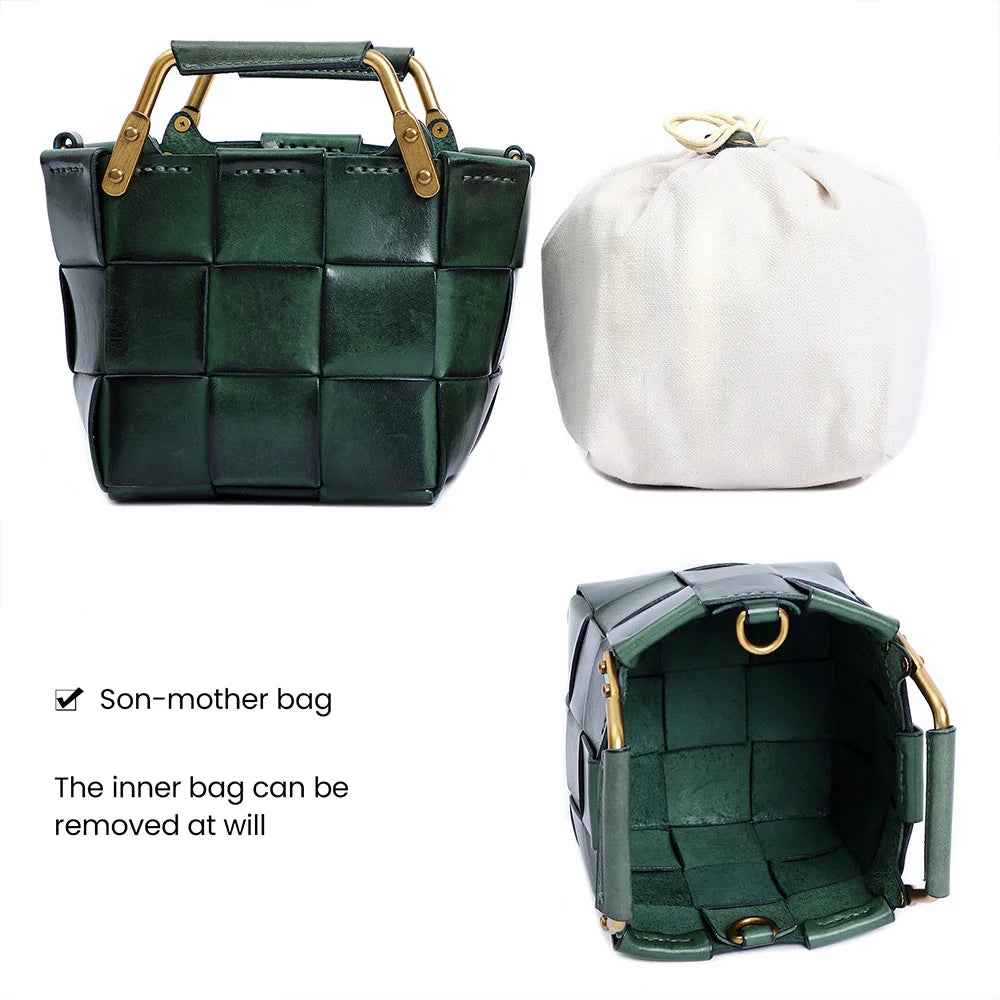 New Trendy Women Mini Calf Skin Leather Woven Clutches Basket Bag  Female Plaid Square Handbag Luxury Copy Crossbody